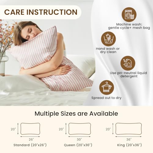 Image of THXSILK Mulberry Silk Pillowcase for Hair and Skin Health, Grade 6A+ Mulberry Silk Pillowcase with Hidden Zipper, Soft and Breathable, 1pc (King 20 inchx36 inch, Pink White Stripes)