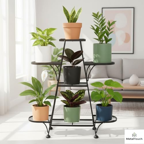 Image of MetalTouch Multi-Tiered Metal Flower Pot Stand - Indoor 6 Layer Tier Iron Plant Pot Display Plant Pot Holder Tall Plant Flower Shelf for Living Room Balcony Living room & Court Garden (A7 New Black)