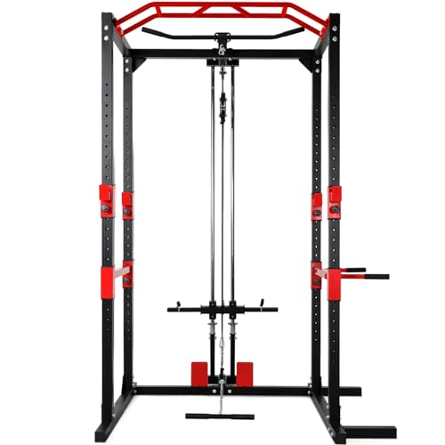 ISE Cage de Musculation Power Rack Cage Squat, Station de Musculation, Barre de Traction et Dips, Barre Multi-Prises et Maintien des Jambes Réglable, Cage Musculation...