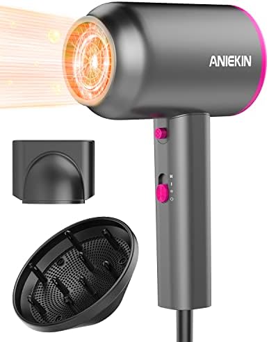 ANIEKIN Hair Dryer with Diffuser, 1875W Ionic Blow Dryer, Professional Portable Hair Dryers & Accessories for Women Curly Hair, Grey
