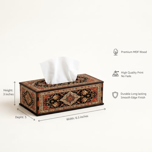 Image of Rust Black Oriental Persian Printed Tissue Box Holder Decorative Wooden Tissue Box Cover for Living Room & Desk 6.5x5x3 Inch
