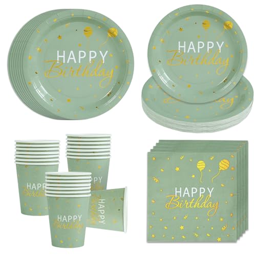 Assiette Jetable Anniversaire - 96pcs Kit Vaisselle Jetable Vert Sauge Anniversaire, Réutilisable Assiettes Tasses Serviettes pour Decoration Joyeux...