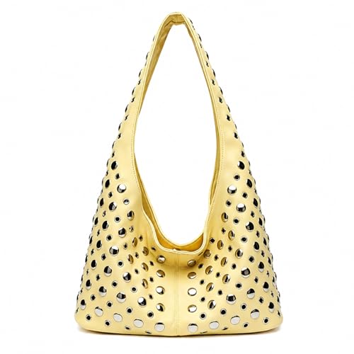 Women Studded Shoulder Bag Soft PU Leather Slouchy Purse Punk Y2K Underarm Tote Handbag with Top Handle for Everyday Use (Yellow)