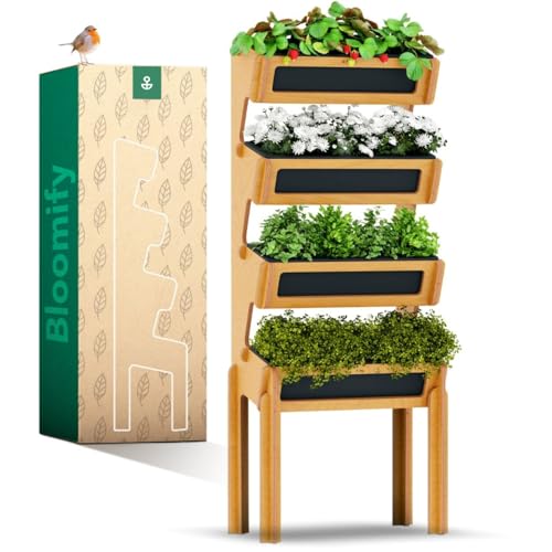 Bloomify® vertikales Hochbeet mit 4 Etagen aus Birken-Schichtholz – Aufbau ohne Schrauben – inkl. 4 rausnehmbarer...