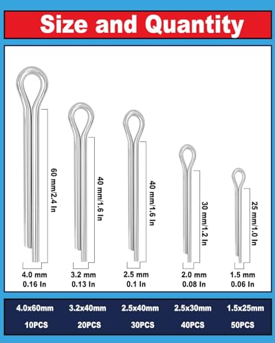 Image of 5 Sizes Cotter Pin Assortment Kit, 304 Stainless Split Pins - 150 Pcs | Hardware fastener assortment for automotive, tractor & lawn mower. 304 stainless steel retaining pins for securing.