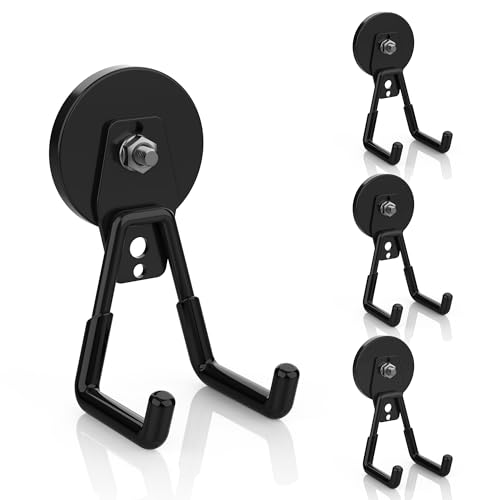 Extra Large Heavy Duty Magnetic Hooks, Large Strong Magnet Hooks, Industrial Magnetic Hooks With Anti-Slip Coating, Magnetic Utility Hooks For Garage, Workshop & Garden Tools Organization (4Pcs Black)