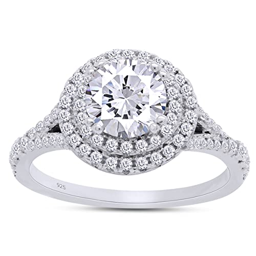 SAVEARTH DIAMONDS 6MM Center Round Cut Sparkling Cubic Zirconia Split Shank Double Halo Engagement Ring In 14k Gold Over Sterling Silver Jewelry For Women Gifts For Her