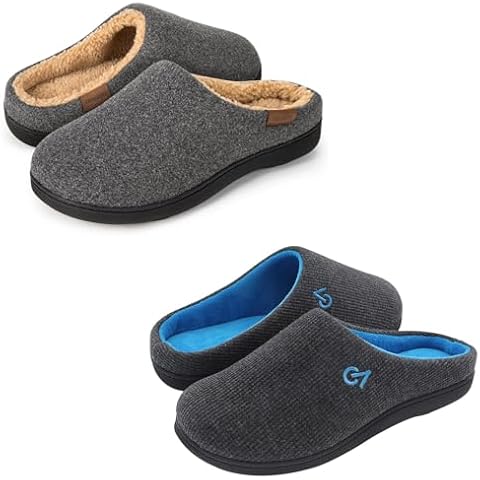 VeraCosy Men's Set of 2 Pairs-Two Tone Memory Foam Slippers(Size 9-10, Dark Gray/Blue)-Fuzzy Faux Sherpa Memory Foam Slippers(Size 9-10, Dark Grey Concrete) Cover