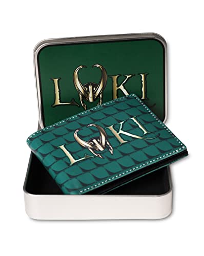 Image of KARA Green Unisex Bifold Wallet | Faux Leather Superhero-Themed Printed Canvas Purse | Comes with a Collectible Metal Tin Box | A Fun, Quirky Gift Idea for Him or Her, for Any Occasion or Birthday