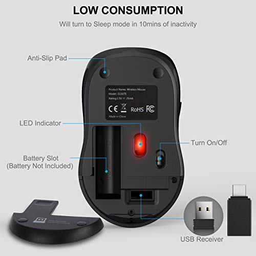 Wisfox 2.4G Wireless Mouse For Laptop, Ergonomic Computer Mouse With Usb Receiver And Type-C Adapter, 3 Adjustable Levels, 6 Button Cordless Wireless Mice For Windows Mac Pc Notebook (Grey And Black) #TOP5