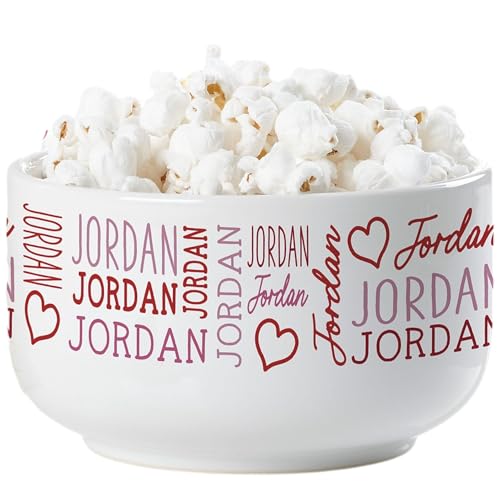Personalization Universe Repeating Name Heart Personalized 14 oz. Snack Bowl – Stoneware, Chip-Resistant, Dishwasher/Microwave Safe – Ice Cream Valentines' Day Gift – Red & Black/Red & Pink Colors