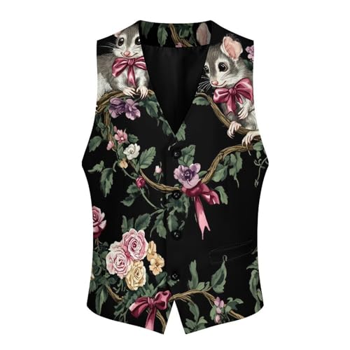 Opossums with Bows And Roses Men's Formal Suit Vest for Business Formal Or Casual Dress Waistcoat Wedding4