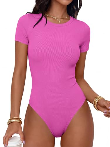 ANRABESS Womens Short Sleeve Bodysuit Crew Neck Slim Fit Ribbed Knit Tops Trendy 2026 Outfits Versatile for Daily Wear Hot Pink Large