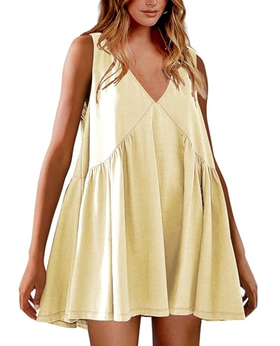 Image of Womens Babydoll Dress Summer Sleeveless Mini Dress Casual Loose V Neck Swing Flowy Beach Sundresses with Pockets