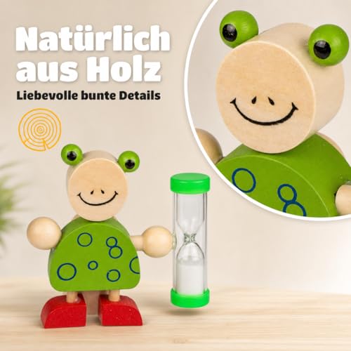 MIJOMA Zahnbürstenhalter aus Holz mit Sanduhr – lustige Tierfiguren, ca. 8x8,5 cm – spielerisches Zähneputzen, 3 Minuten Timer, pädagogisch & dekorativ (Frosch Grün)