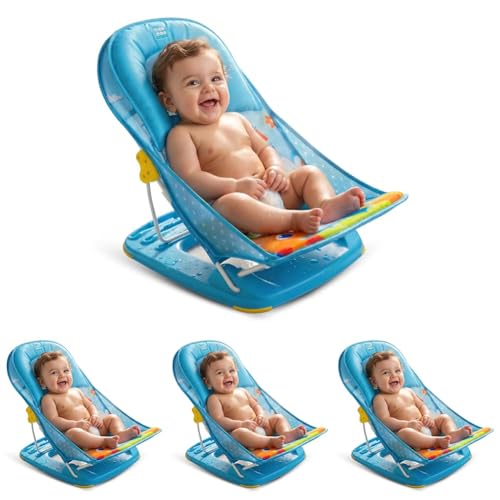 Image of Mee Mee Newborn Baby Bather | Bath Chair for Newborns and Infants 0-12 Months | Foldable | 3 Position Adjustable Chair | Anti Skid Base | Washable Soft Mesh Seat | for Babies Upto 5Kg (Blue)