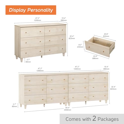 Image of WAMPAT 12 Drawer Dresser for Bedroom, Modern Chest of Drawers with Gold Knobs, 94.4 Inch Wide Storage Organizer for Kids Room, Living Room, Nursery, Light Oak Wood Finish