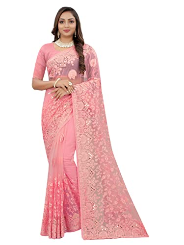 Sari rose Resham pour le travail et les fêtes indiennes