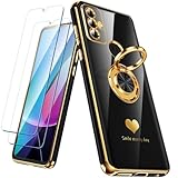 Nonional for Moto G Play 2023 Case with 2 Pack Screen Protector, 360° Rotatable Ring Holder [Luxury Hearts Pattern] Plating Gold Edge Slim Soft Phone Cover Case for Moto G Play 2023 - Black