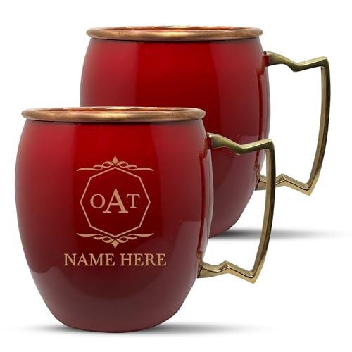 Custom Copper Moscow Mule with Smooth Painted Finish - Engraved Bar Style 100% Copper Cup with Personalized Octagon Frame Monogram Themed Engraving, Brass Handle | 18 oz, Red | Set of 2