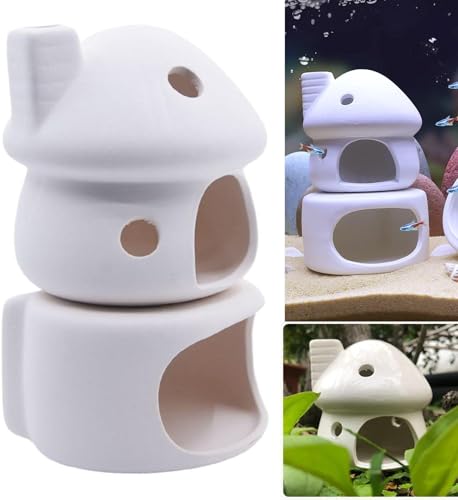 Image of RUIAN Aquarium Mushroom House Decorations with Betta Fish Cave, Ceramic Cichlid Caves for Aquarium, Fish Tank Decoration, Syrian Hamster (White)