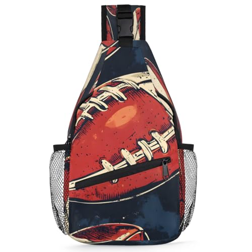 Rugby Ball Sling Bag Crossbody Sling Backpack Hiking Daypack for Men Women Chest Bag for Travel Running Football Print