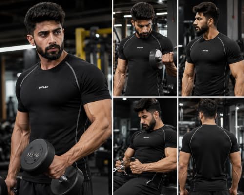 Image of BULLAR Men's Polyester Blend Compression T-Shirt, Half Sleeve Athletic Sports Tight, Crew Neck, Slim Fit Tshirt for Fitness and Workout
