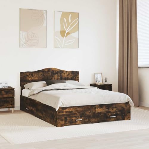 Tonture Marco de cama de roble ahumado, 140 x 190 cm, madera, estructura de almacenamiento con somier, diseño moderno, muebles de dormitorio