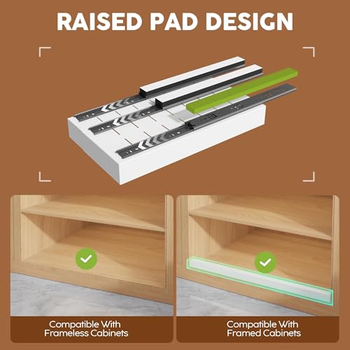 2 Pack Expandable Pull Out Cabinet Organizer 21" Deep with Raising Pad for Framed Cabinets,Upgrade 3 Slide Rails Slide Out Drawers,Roll Out Shelves Adhesive,Adjustable Width 9"-14.1" White