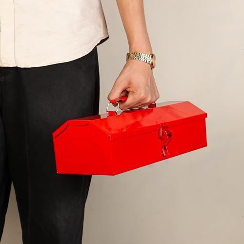 Image of Spartan Metal Tool Box with Handle | Heavy Duty Red Tool Storage Box for Tools, Hardware, Screws, Nails & Accessories | Portable Utility Toolbox for Home, Garage, Workshop, Mechanic & Electrician Use