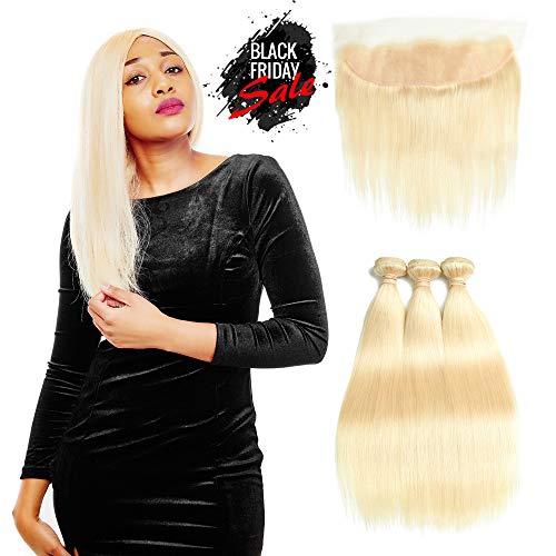 Queen Plus Hair Peruvian 613 Blonde Straight Human Hair 3 Bundles With 13x4 Lace Frontal Closure Pre Plucked Honey 8A Blonde Virgin Hair (14 16 18 with 12 inch)