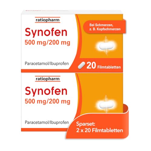 Synofen von ratiopharm im Sparset 2x20 Stück: schnell stark und gut verträglich gegen Schmerzen mit der Wirkstoffkombination aus Paracetamol und Ibuprofen 40 Filmtabletten