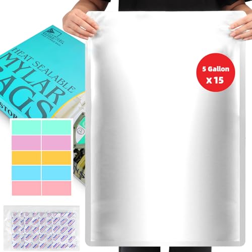 15PCS 5 Gallon Mylar Bags with 2500CC Oxygen Absorbers & Labels 10.5 Mil Thick 17x 27 Vacuum Sealer Bags Heat Sealable Bag for Long Term Food Storage