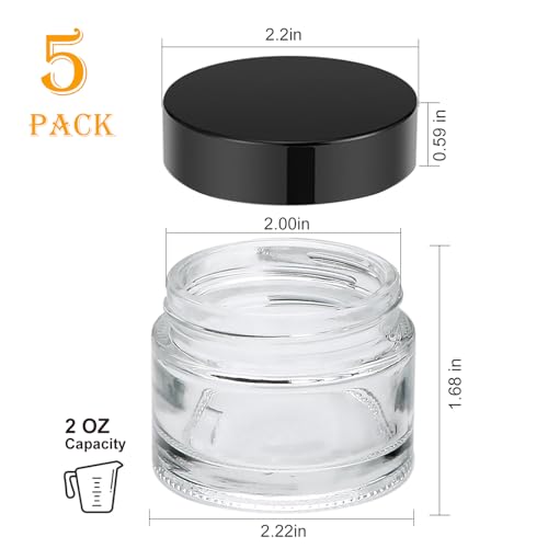 Glass Jars With Lids 2 oz 5 Pack - Clear Small Jar With Black Lids, Travel Containers With Inner Liners, Upgraded Mouth Design2