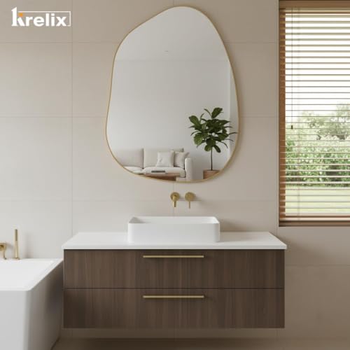 Image of 12x18 Inch Gold Irregular Asymmetrical Wall Mirror - Modern Plastic Frame, Decorative Wall-Mounted Mirror for Bathroom, Bedroom, Living Room & Entryway(Gold, Pebble)