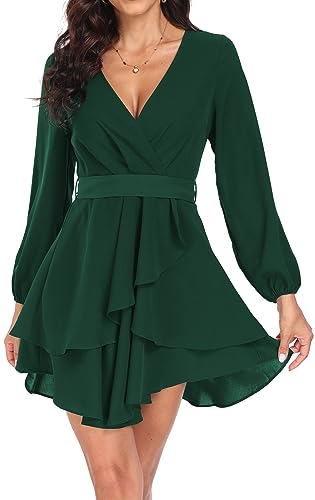 DEARCASE Damen Elegantes Kleid Retro A Bunt Floral Langarm Casual Sommer Cocktail Abend Party Kleider mit Taille Riemen, Dunkelgrün XL