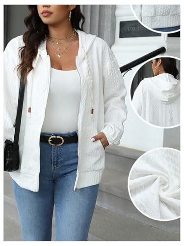 Women's Plus Size Textured Zip Up Jacket Long Sleeve Cable Knit Drawstring Hoodies with Pockets4