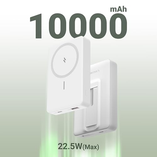 Image of ZEBRONICS MW70 Wireless Power Bank, 10000 mAh, Rapid Charge, Magsafe Compatible, Outputs - 22.5W Wired | 15W Wireless, Type C PD Input & Output, USB Output, Built in Stand, Made in India (White)