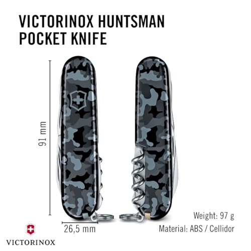 Image of Victorinox Huntsman Swiss Army Knife, 15 Functions, Swiss Made Pocket Knife with Large Blade, Screwdriver, Scissors and Wood Saw - Navy Camouflage