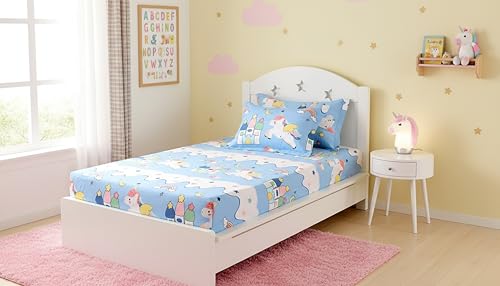 Image of Filymore Star Unicorn Single bedsheet for Girls Kid bedsheet for Single Size Bed 240 TC Microfiber Soft Cartoon bedcover for Kids Room (90x60 Inches)(SkyBlue and White)