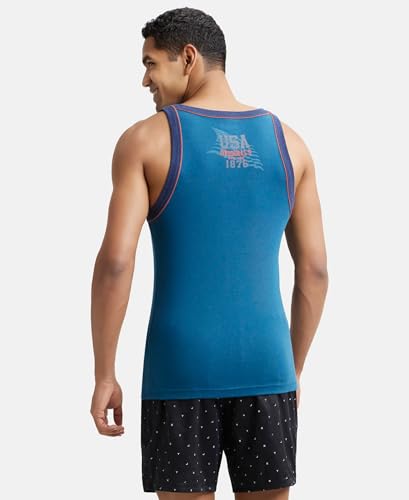 Image of Jockey US54 Men's Super Combed Cotton Rib Square Neckline Gym Vest with Back Panel Graphic Print (Shoulder Starp Color May Vary)