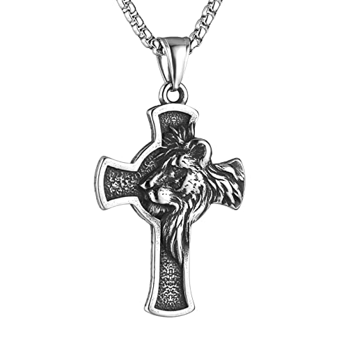 HZMAN Stainless Steel Lion Head Cross Necklace for Men Gothic Pendant with 22+2in Chain