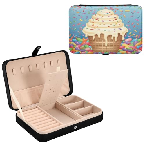 Haskirky Ice Cream Jewelry Box Portable PU Leather Travel Jewelry Organize for Women Jewelry Storage Display Holder for Ring, Necklace, Earring