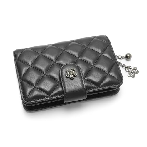 2R Quilted Lambskin Leather Wallet with Rose Charm, Multiple Card Slots, Black