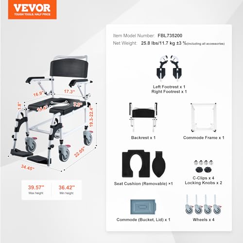 VEVOR Shower Commode Wheelchair with 4 Lockable Wheels, Footrests, Flip-up Arms, 3-Level Adjustable Height, 5L Removable Bucket, 350 LBS Capacity, Commode Chair for Adults Seniors by VEVOR - Image 7