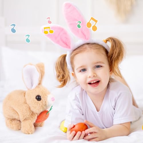 Byffoer Hüpfendes Kaninchen, Interaktives Elektronisches Haustier Plüschhasenspielzeug mit Geräuschen Bewegungen Wackeln Hasen Kuscheltiere Osterhase Plüschtier