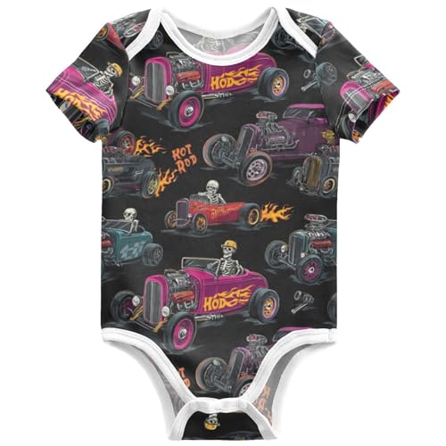 Image of Pigsaly Hot Rod Baseball Racing Car Unisex Baby Bodysuits Checkered Flag Newborn Short Sleeve Summer Jumpsuit Boy Girl 6M