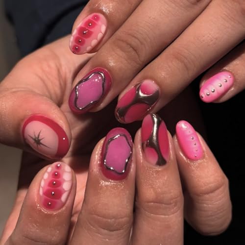 Image of Pink Press on Nails Silver Line Fake Nails with Alligator Print Design Short Almond False Nail Star Glue on Nails Glossy Full Cover Artificial Acrylic Stick on Nail for Women Manicure 24Pcs