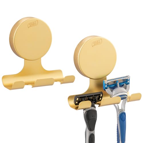 Image of TAILI Razor Holder for Shower with Suction Cup Metal Vacuum Shower Hooks Reusable Bathroom Suction Hooks Razor Holder for Shaver Towels Robes Multipurpose Hanging 2 Packs, Round, Gold