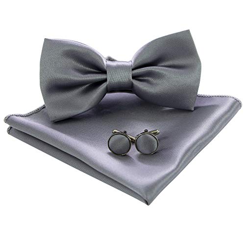 JEMYGINS Noeud Papillon Homme Gris en Soie Satin Double Pli Mariage école fête et Boutons de Manchette et Carré de poche Ensemble Compris boîte(11)